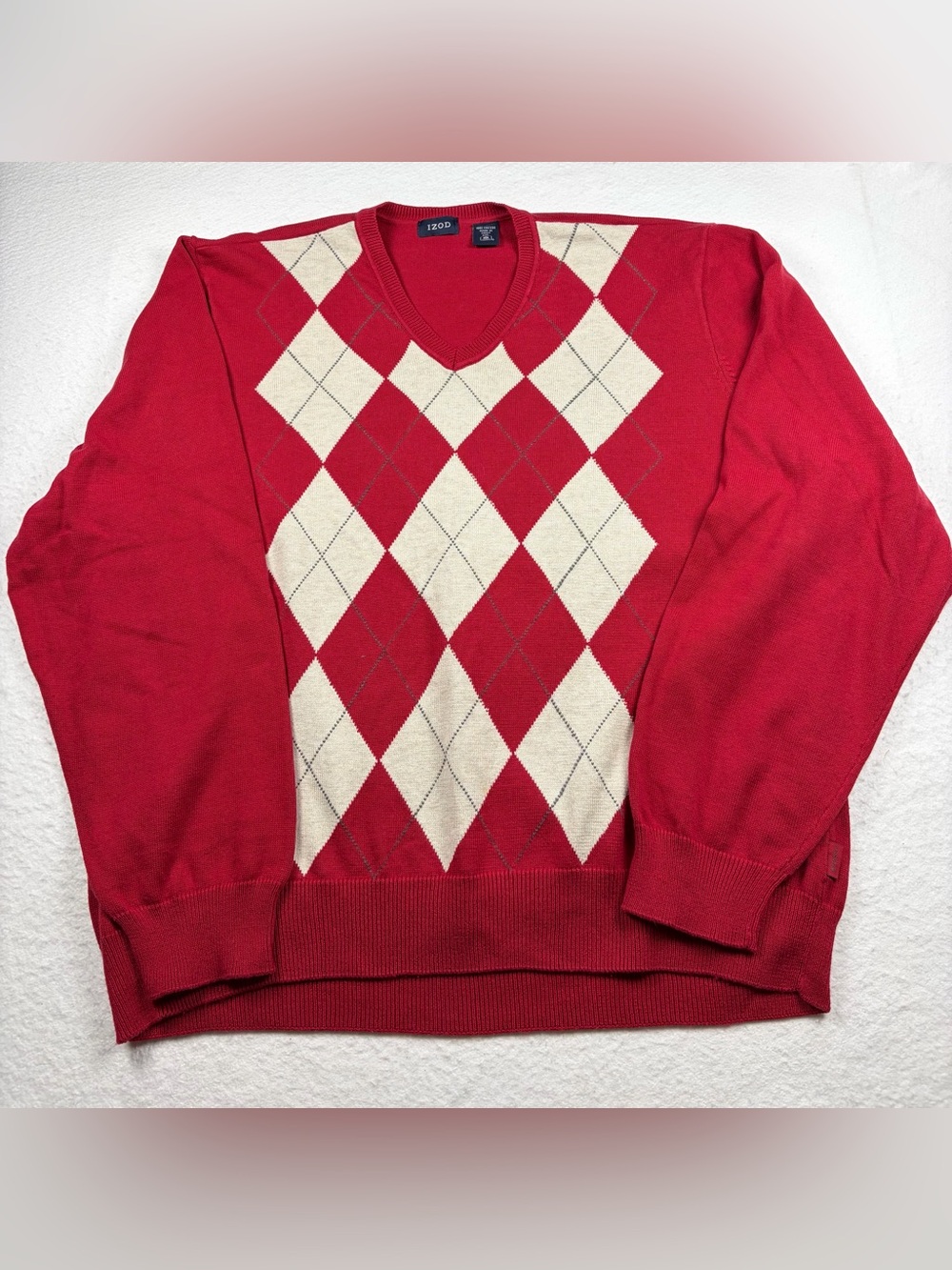 Izod‎ Red V-Neck Argyle Sweater with Cream and blue Diamonds